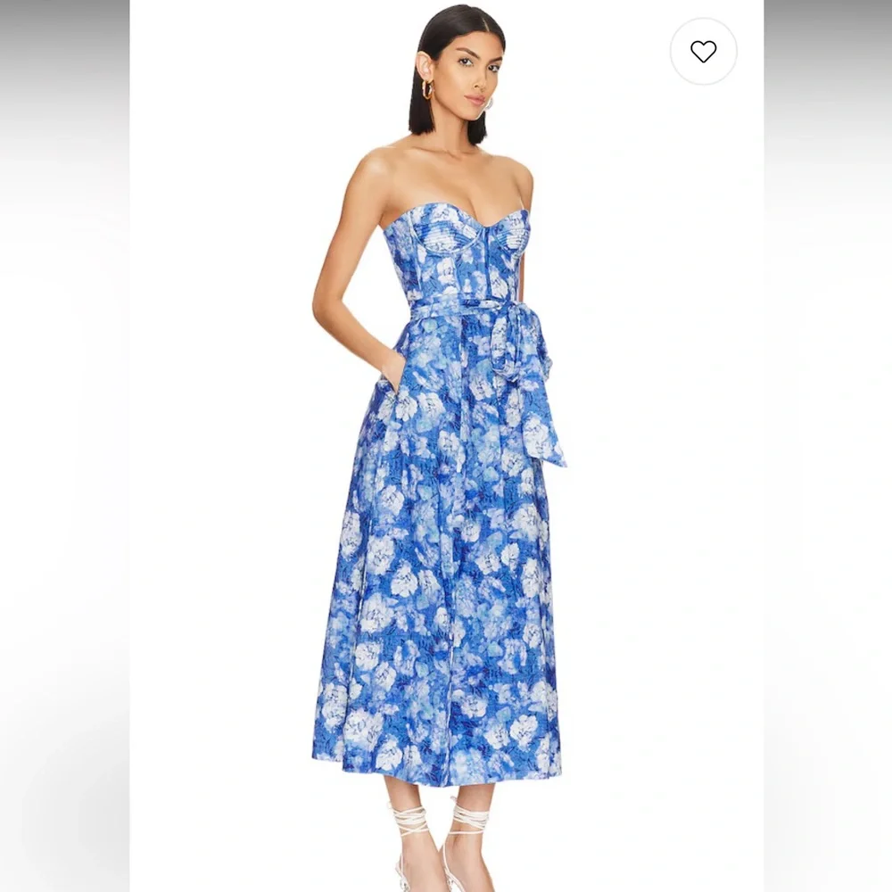 Bardot Blue Floral Strapless Midi Dress with Tie Waist - Picture 2 of 4